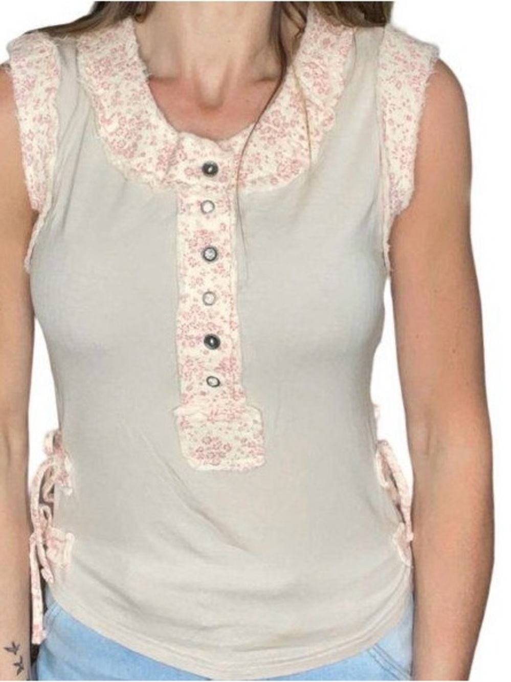 Sleeveless Henley Tank Top by POL in Taupe with Pink Floral Trim and Side Ties